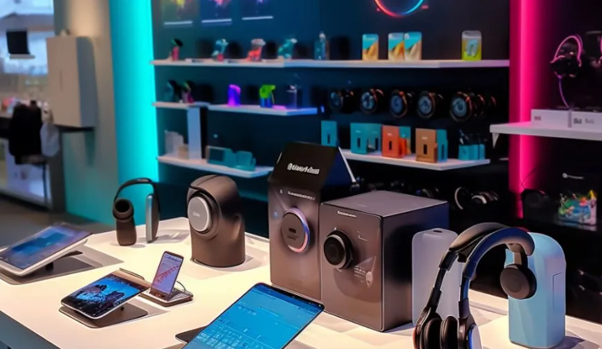 Modern point of sale setup displaying headphones, speakers, tablets, and smartphones in an electronics store with colorful shelving.