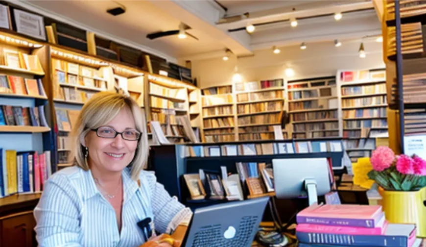 A woman in a bookstore uses a laptop at the point of sale, surrounded by shelves filled with books and colorful flowers.